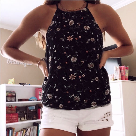 Abercrombie & Fitch Floral Beaded Mesh Halter Top - Picture 1 of 10